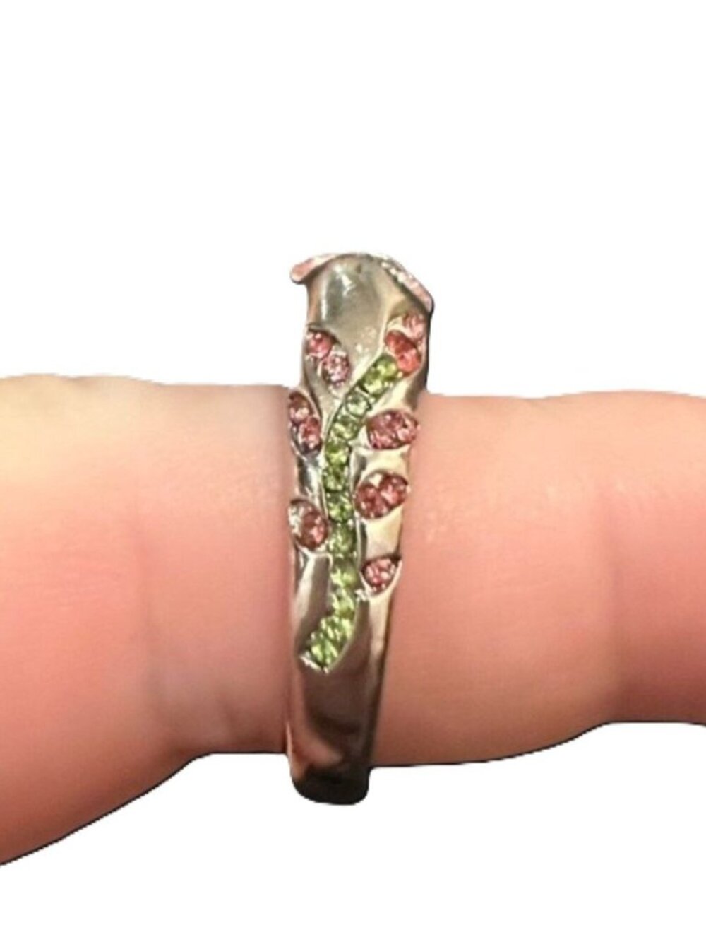 Vintage Floral Ring Silver Tone Pink Green Rhinestone Vine Like Size 9 Womens